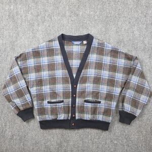 PENDLETON 100% VIRGIN WOOL CARDIGAN PLAID BROWN BLUE NAVY XL WOOD BUTTON